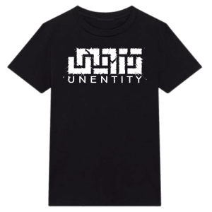 black T-shirt with big white unentity logo