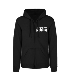 Black Zip Up Hoodie With Unentity White Logo on the front